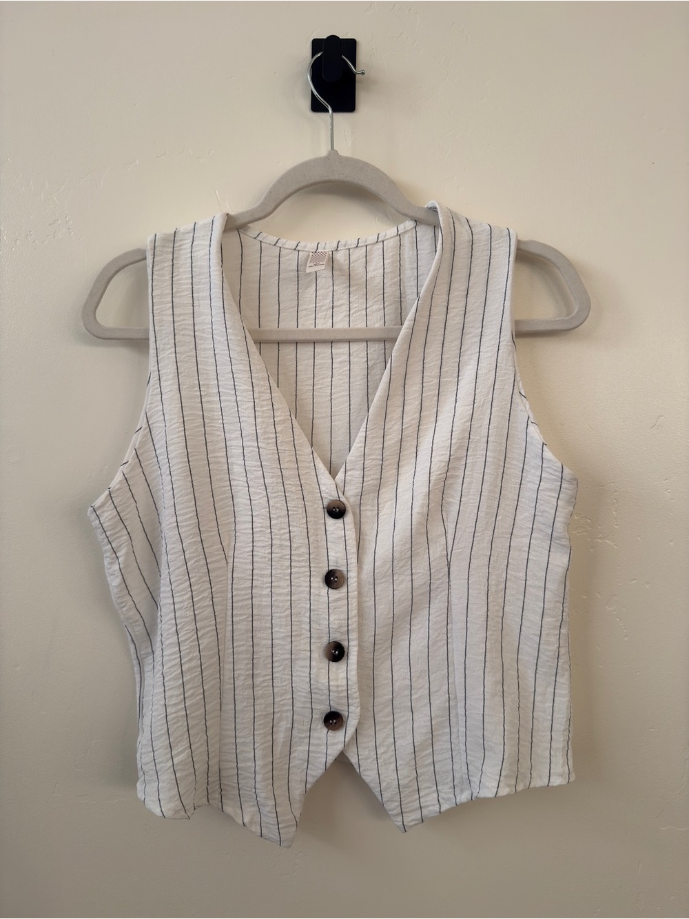 Women’s Sleeveless Button-Front Vest Top - White with Blue Stripes